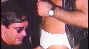 Mature gay is blowing tasty prick of a hot BDSM guy