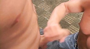 Seduced boy is jerking partner's dick in his wide mouth