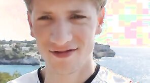 Cute twink jerk off his big cock outdoor