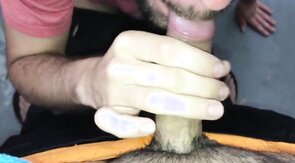 Latin guy finishes all over a cocksucker's tongue