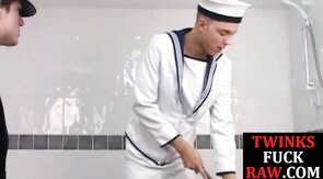 Skinny sailor rides captains dick for cumshot after rim