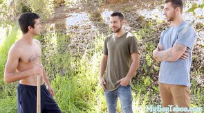 Seduced athlete taboo pounded by studs in bareback threesome