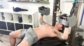 Inked gym stud barebacks bottom before rimmed until cum