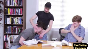 Athletic amateurs blowing dick before fisted in threesome