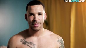 Buzzcut inked stud strips shorts and masturbates indoor