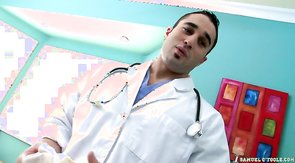 Two gorgeous doctors are blowing their patient's dick