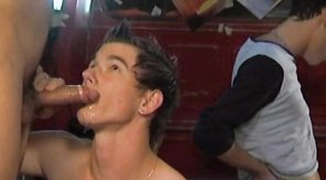 Sexy buddy is getting two cumshots on his cute face!