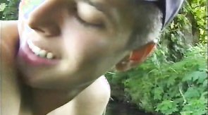 Passionate boyfriend is wanking his dick in the woods