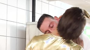 Sexy boy is sucking a cooker's hard dick in the kitchen