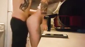 Gay lovers fuck in kitchen