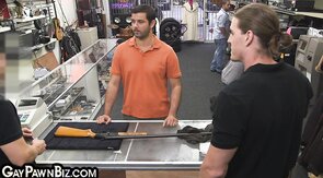 Pawn shop stud rides top cock in office after dicksucki