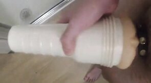 Teasing my big cock with fleshlight and cock ring.