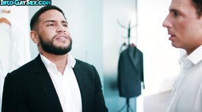 Tattooed stud doggystyled in bathroom by stud in asshol