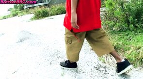 Hairy Black bottom outdoor fucked by IR stud for money