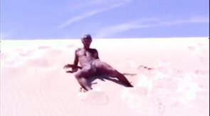 Tanned guy on beach in tiny string thong (temporarily!)