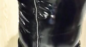 Playing in my black pvc body, nylons and plastic wrap II