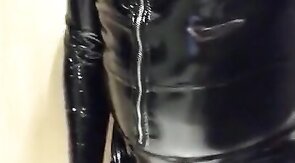 Playing in my black pvc body, nylons and plastic wrap II