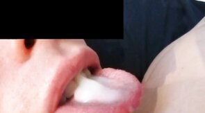 Swallowing a hot load of gooey cum