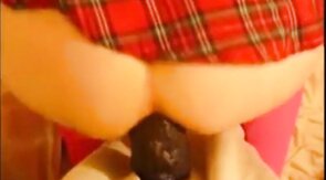 bitch in miniskirt and pink stockings riding her big dildo