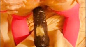 bitch in miniskirt and pink stockings riding her big dildo