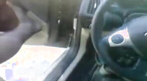 Bear in thigh high nylons jerking off in the car at the park