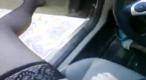 Bear in thigh high nylons jerking off in the car at the park
