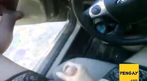 Bear in thigh high nylons jerking off in the car at the park