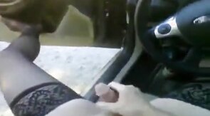Bear in thigh high nylons jerking off in the car at the park