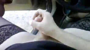 Bear in thigh high nylons jerking off in the car at the park