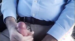 Jerked off on publc bus. Close up. Cum shot