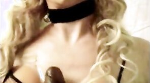 Sissy Bunny ears posing plays with black dildo