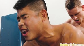 Locker room Asian bottom barebacked by white top stud