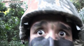 Military bottom muscled hunk assnailed outdoor by top