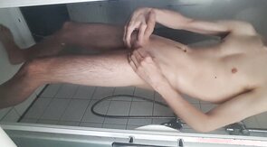 Shaving, jerking my young big cock ass spread boy
