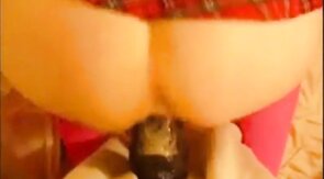 bitch in miniskirt and pink stockings riding her big dildo