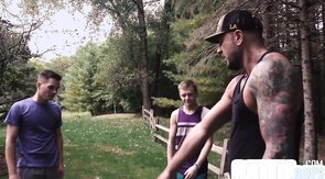 Petite twink barebacked by tattooed DILF under shower