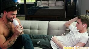 Tattooed stud barebacks skinny twink in ass after blowj