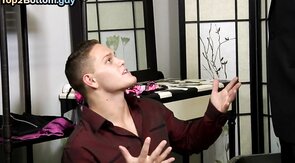 Handsome stud gets fucked in backstage by big cock gay