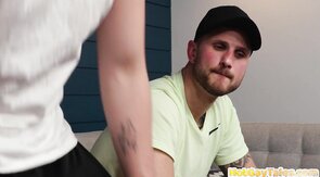 Tattooed stud bareback banged by BF on couch after kiss