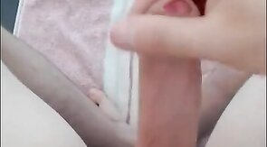 Boy jerking off uncut dick and cums