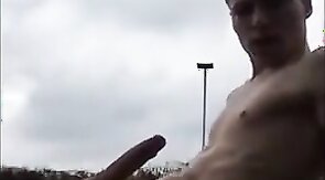 Exhibition College boy jock strips jerks and cum outside