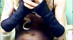 Sissy Bunny ears posing plays with black dildo