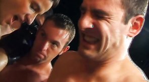 Three horny pals are cumming on the face of their mate