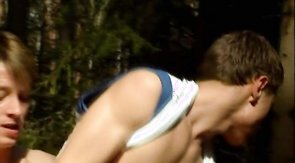 Spicy facial load in the forest after a hot bareback sex