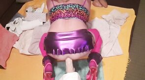 Anal riding huge dildo