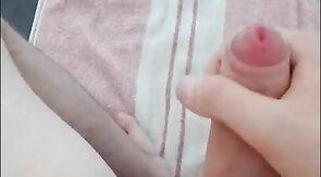 Boy jerking off uncut dick and cums