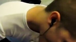 Boy sucking cock and eating cum in restroom