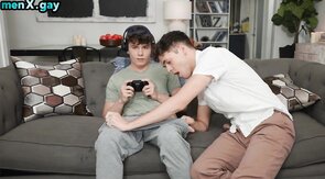 Skinny twink barebacked at home on couch by gamer BF