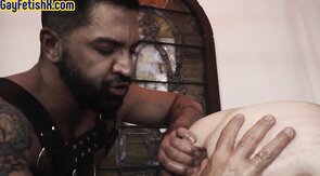 BDSM tattooed stud assfisted by dominant hunk in leathe