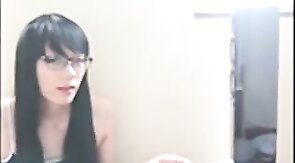 Cute Asian crossdresser cums on rubber cock